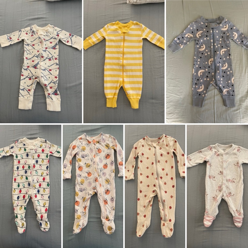 Bundle of 7 footies/sleepers 0-3mo (Hanna Andersson, Tea Collection, Carter’s)
